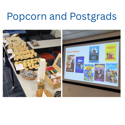 The words popcorn and postgrads with pictures underneath of food and a tv screen
